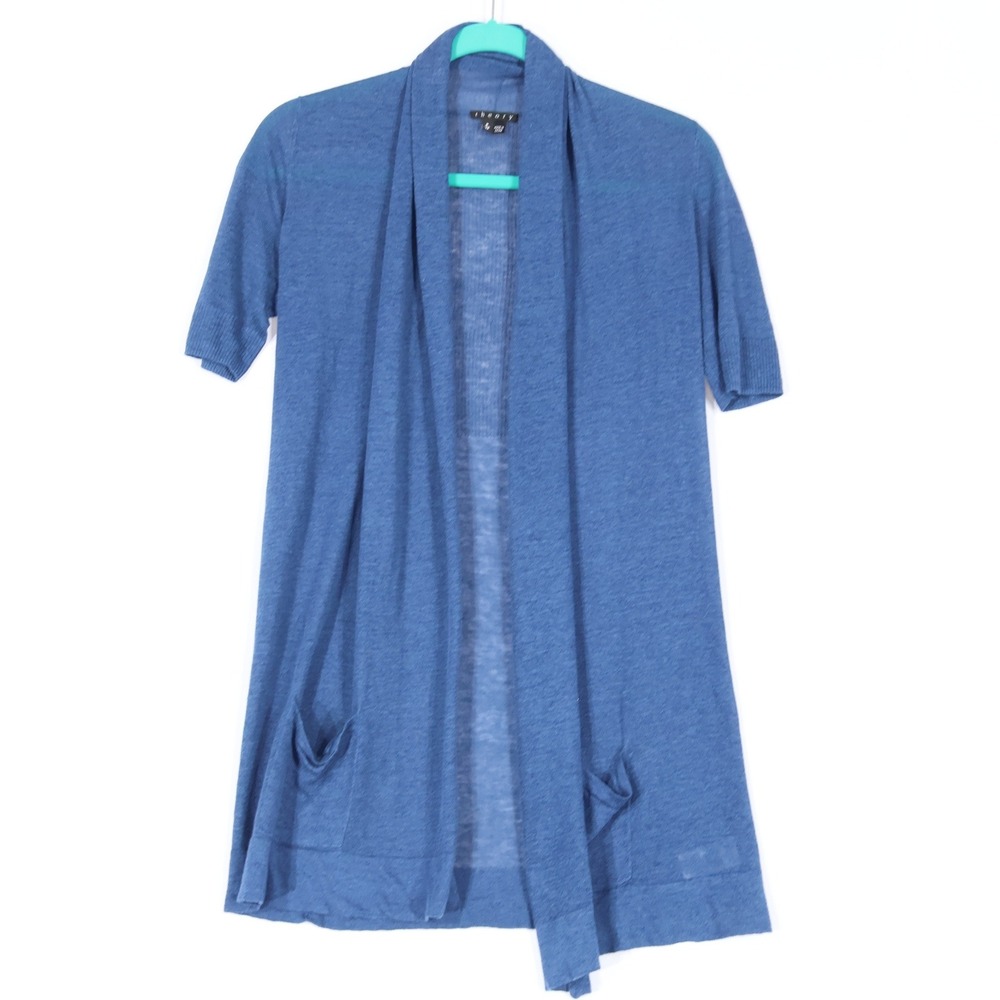 Theory Open Front Linen Cardigan Womens Size P Blue Coastal Pocket Layering Boho